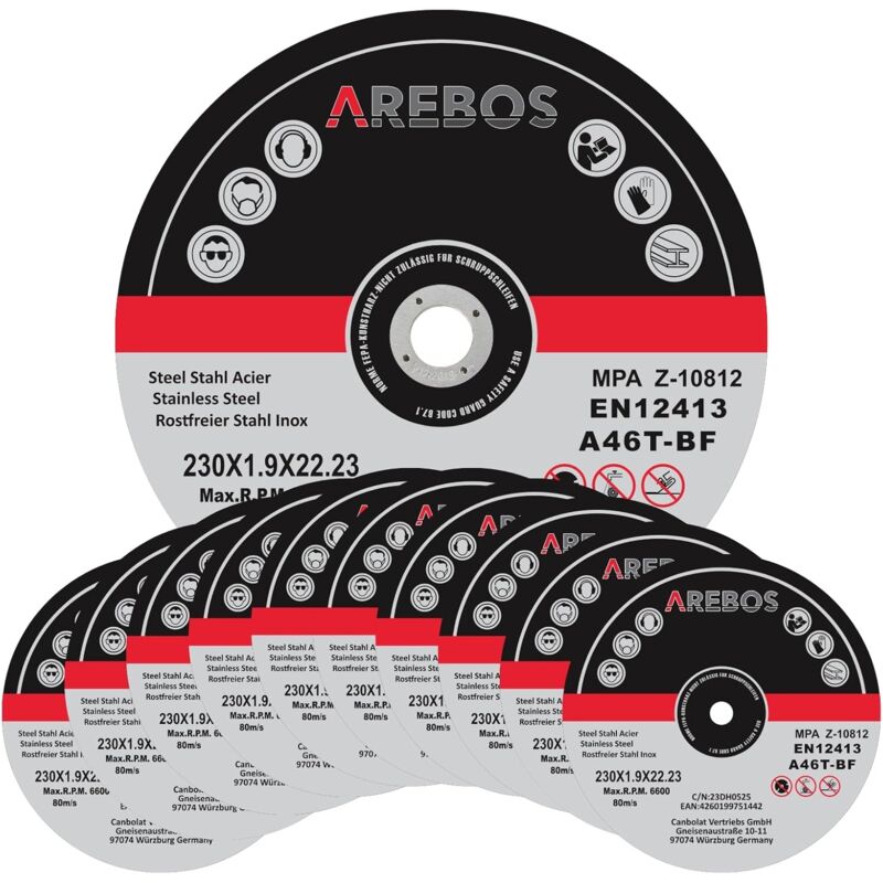 Arebos 25x 230 mm Meule à tronçonner Fer, Métal, Acier, Inox, Aluminium (230 x 1,9 x 22,2 mm) 230 Meuleuse d'Angle