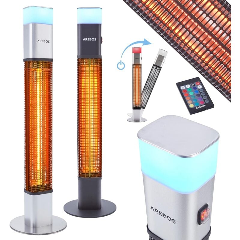 Arebos - Radiateur infrarouge Chauffage radiant électrique 1500W led 16 couleurs extérieur avec pied Argent