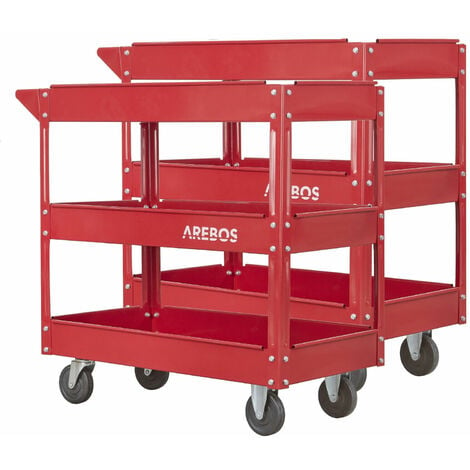 AREBOS 2x Carrello portautensili Carrello da officina Carrello da montaggio 3 piani - Rosso