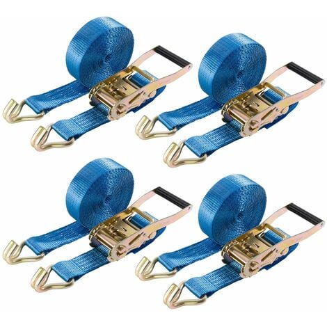 AREBOS 4 x ceinture de tension 8 m Tendeur à cliquet Sangles de manutention 4000 kg deux pièces avec crochet - Bleu