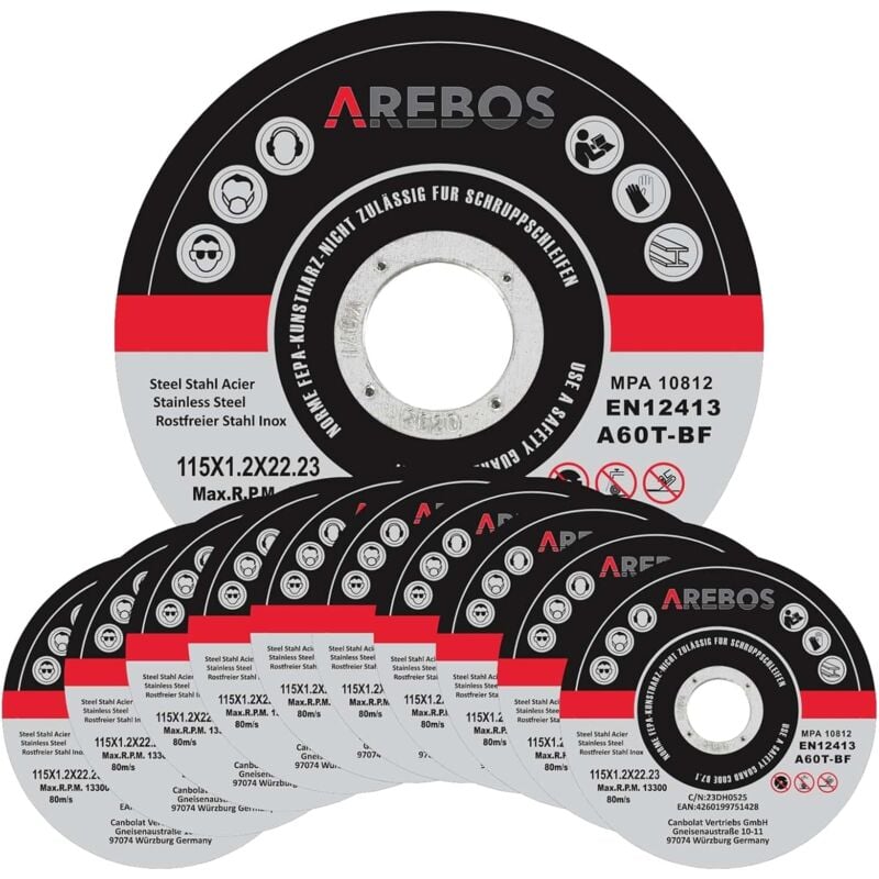 Arebos 50x 115 mm Meule à tronçonner Fer, Métal, Acier, Inox, Aluminium (115 x 1,2 x 22,2 mm) Disques à tronçonner