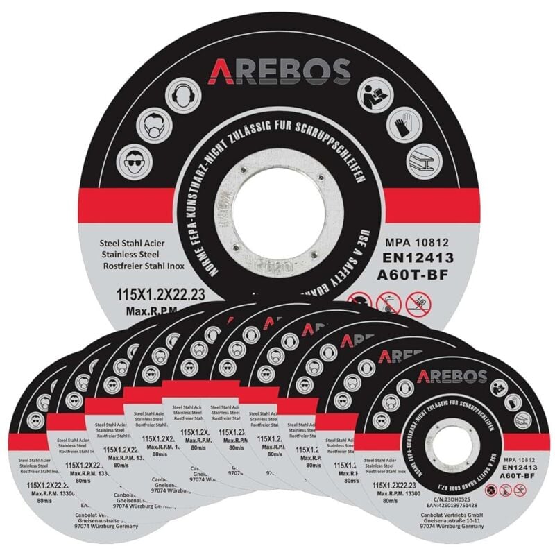 Arebos 100x 115 mm Meule à tronçonner Fer, Métal, Acier, Inox, Aluminium (115 x 1,2 x 22,2 mm) Disques à tronçonner