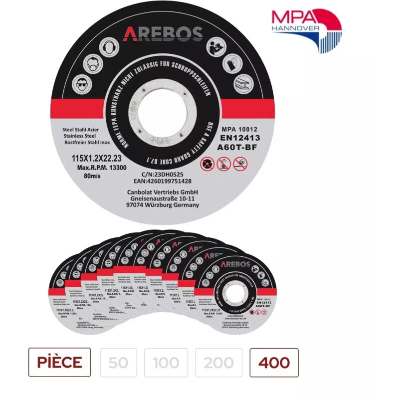 Arebos 400x 115 mm Meule à tronçonner Fer, Métal, Acier, Inox, Aluminium (115 x 1,2 x 22,2 mm) Disques à tronçonner