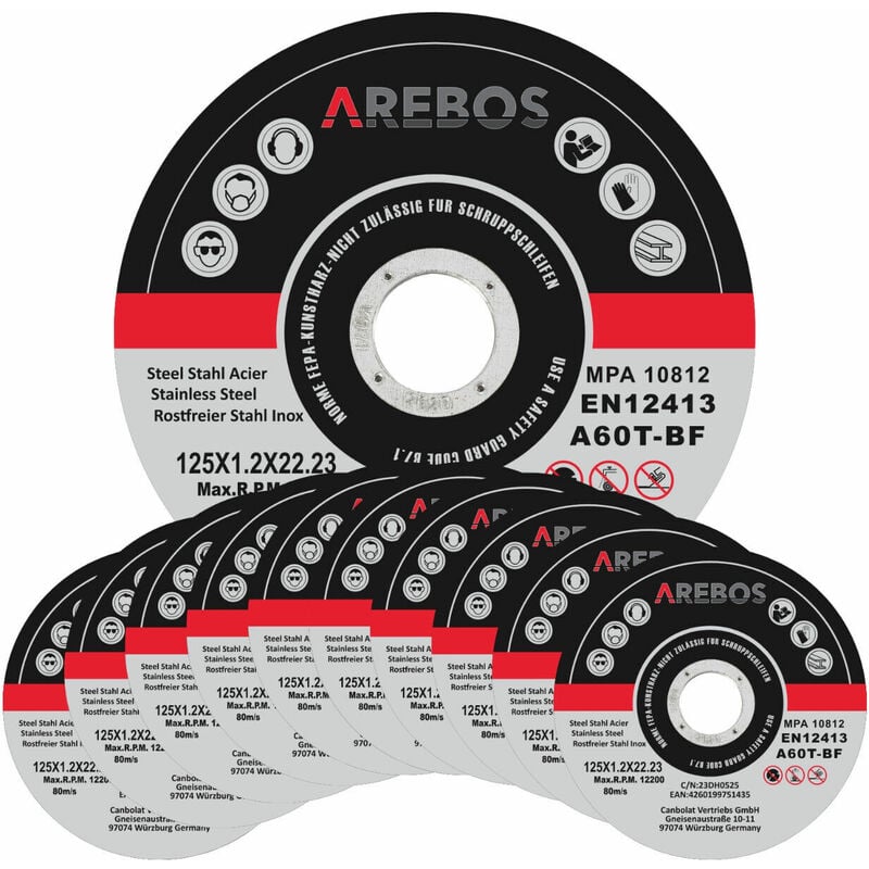 AREBOS 50x 125 mm Meule à tronçonner Fer, Métal, Acier, Inox, Aluminium (125 x 1,2 x 22,2 mm) 125 pour Meuleuse d'Angle