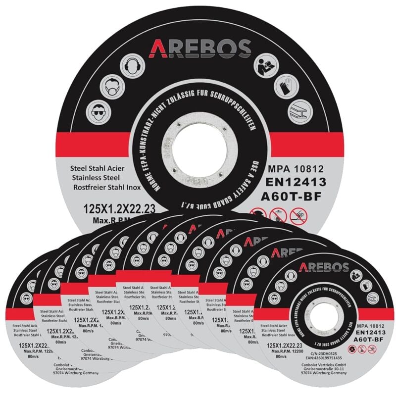 Arebos 100x 125 mm Meule à tronçonner Fer, Métal, Acier, Inox, Aluminium (125 x 1,2x 22,2 mm) Disques à tronçonner