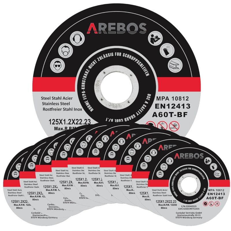 Arebos 400x 125 mm Meule à tronçonner Fer, Métal, Acier, Inox, Aluminium (125 x 1,0 x 22,2 mm) Disques à tronçonner 125