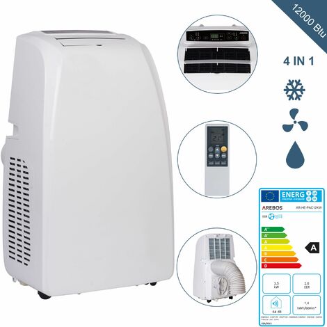 AREBOS 4in1 Mobile Klimaanlage 3,5kW/12000 BTU Klimagerät Kühlen Entfeuchten Ventilator - Weiß