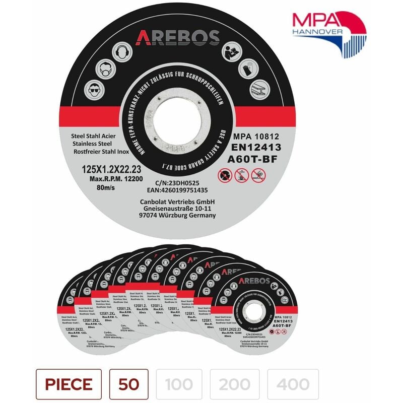 

AREBOS Dischi Taglio Dischi Flessibili Ø125 mm Ammissione 22,2 mm Spessore 1 mm