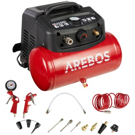 AREBOS Arebos 6L Druckluftkompressor Kompressor 1200W  inkl. 13-tlg. Druckluft-Werkzeug-Set  Abschaltautomatik  Extra langer Luftschlauch  ölfrei  Luftkompressor 8 bar