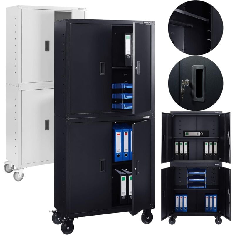 Arebos - Armoire de Bureau Armoire de classement Armoire de Rangement 2 étagères réglables en Hauteur 180x90x40cm Noir