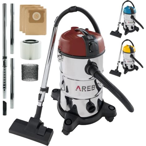 Arebos – Aspirateur industriel eau et poussière 1300W – Bac 30L en acier inoxydable – Aspiration humide et sèche – Pour chantiers et garages