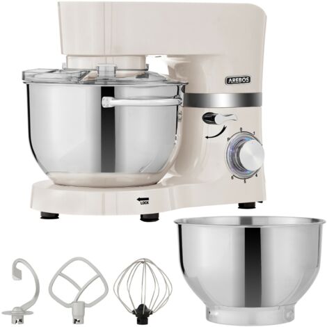 AREBOS Batidora Amasadora 1500 W con 2 x Tazón de Mezcla Acero Inoxidable 4,5L + 5,5L 6 Velocidade Beige