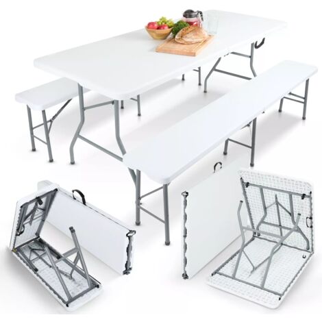 AREBOS beer tent set 3-piece set table + 2 x bench indoor - outdoor tent set beer table set foldable & with carrying handle camping table white