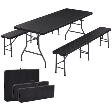 Arebos Bierzeltgarnitur 3-teilig Set Tisch + 2 x Bank Festzeltgarnitur für drinnen - draußen Biertisch Set Zusammenklappbar & mit Tragegriff Campingtisch Rattan-Look Schwarz