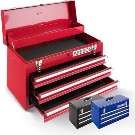 AREBOS Boîte à outils avec 3 tiroirs et 2 compartiments de rangement  Rouge  Poignée de transport et fermetures à pression  Coffret à Outils  Tapis antidérapants