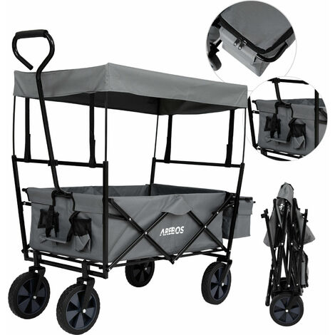 AREBOS Bollerwagen faltbar mit Dach Handwagen Transportwagen Faltwagen Gerätewagen inklusive 2 Netztaschen und Einer Aussentasche faltbar bis Tragkraft 70 kg Vollgummireifen Grau