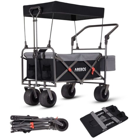 AREBOS Bollerwagen faltbar mit Dach Luxus Handwagen Faltwagen Transportwagen XXL Tasche klappbar bis 100 kg Gerätewagen 360° Vorderräder Inklusive Tragetasche Schwarz
