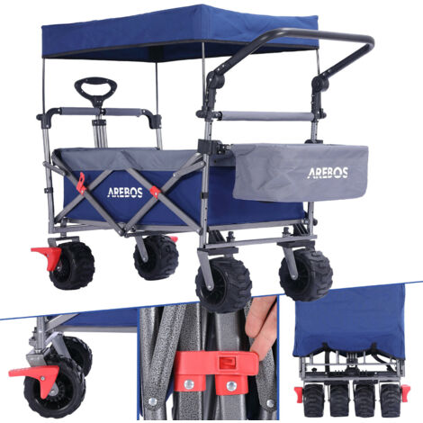 AREBOS Bollerwagen faltbar mit Dach Luxus Handwagen mit 3-Punkt Gurtsystem Faltwagen Transportwagen XXL Tasche klappbar bis 100 kg Gerätewagen 360° Vorderräder Inkl.Tragetasche Blau
