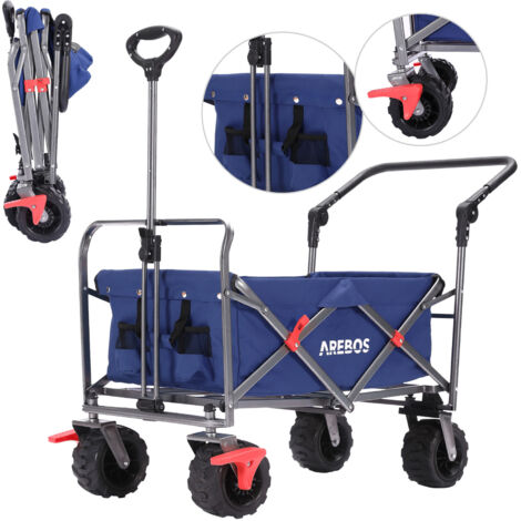 AREBOS Bollerwagen faltbar Transportkarre Gerätewagen Handwagen Faltwagen inkl. 2 Netztaschen mit Vorderrad-Bremsen & Teleskopstange klappbar bis 100 kg Tragkraft Blau