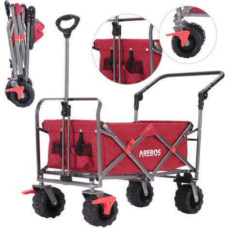 AREBOS Bollerwagen faltbar Transportkarre Gerätewagen Handwagen Faltwagen inkl. 2 Netztaschen mit Vorderrad-Bremsen & Teleskopstange klappbar bis 100 kg Tragkraft Rot