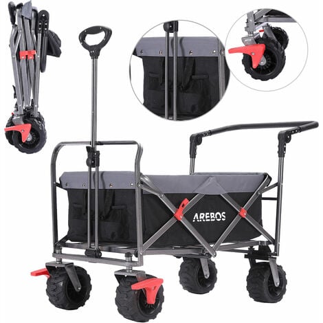 AREBOS Bollerwagen faltbar Transportkarre Gerätewagen Handwagen Faltwagen inklusive 2 Netztaschen mit Vorderrad Bremsen & Teleskopstange klappbar bis 100 kg Tragkraft Grau