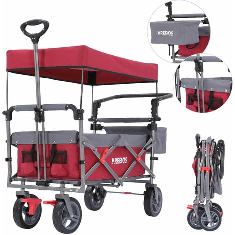 AREBOS Bollerwagen Premium faltbar mit Dach  Handwagen mit 3-Punkt Gurtsystem  Faltwagen  Transportwagen  klappbar  bis 100 kg Tragkraft  Vorder- und Hinter-Bremse  Inkl.Tragetasche  Rot