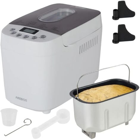 AREBOS bread maker 1500g with 15 programs 2 dough hooks timer LCD display 3 browning degrees and bread sizes 850 W White
