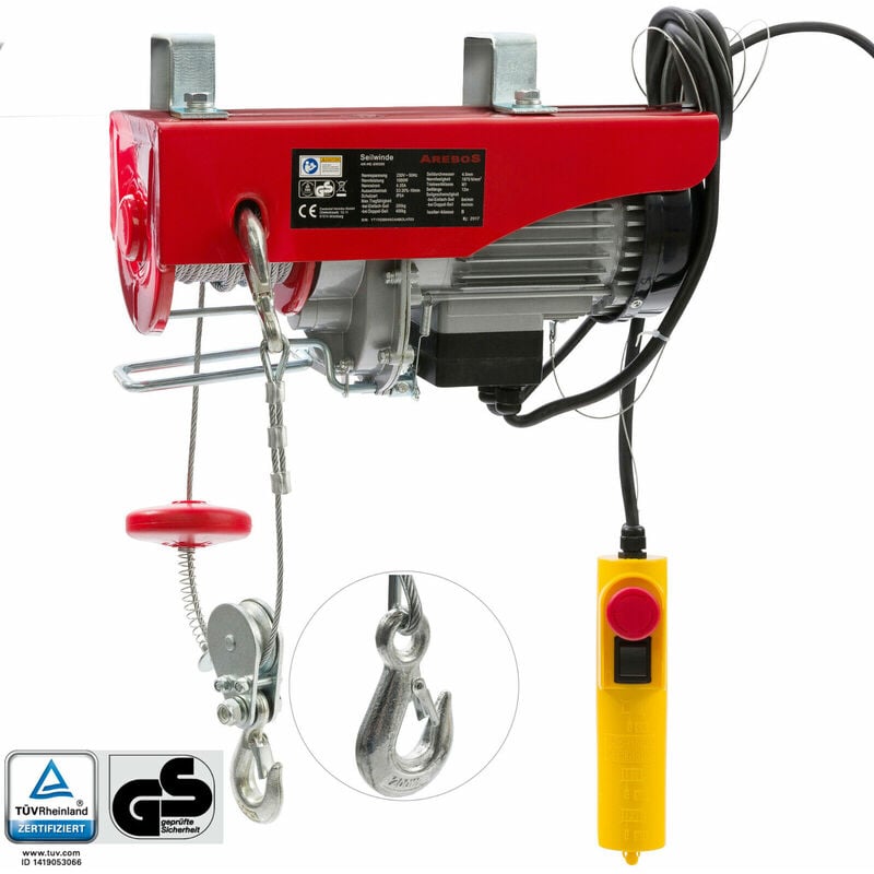 

Cabrestante Polipasto Malacate eléctrico Montacargas Torno de cable 200/400 kg - rojo - Arebos