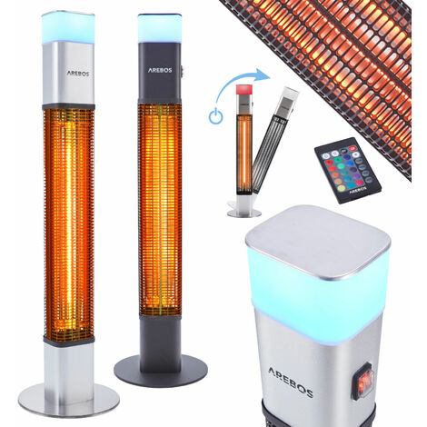 AREBOS Calefactor por Infrarrojos para Terraza 1500W - 16 Colores De Luz LED - Calentador Radiante para Exterior e Interior - Calentador Stand - Plata - Plata