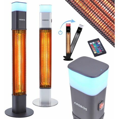 AREBOS Calefactor por Infrarrojos para Terraza 1500W - Control Remoto - 16 Colores De Luz LED - Calentador Radiante para Exterior e Interior - Calentador Stand - Negro - Negro