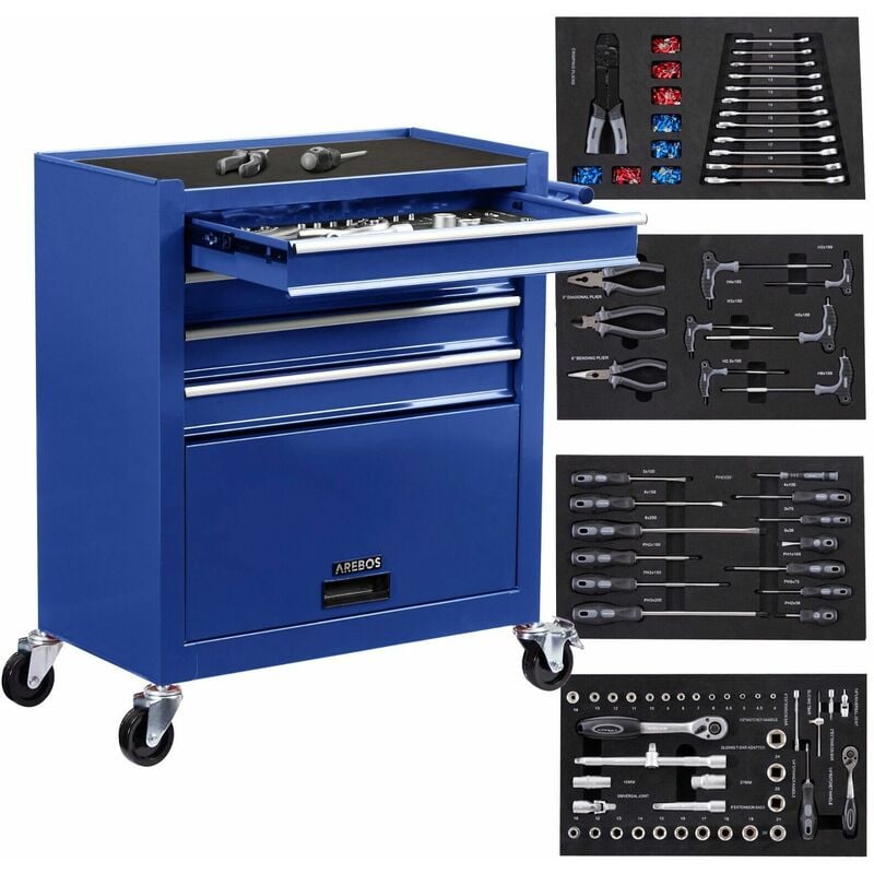 

AREBOS Carro de herramientas Carro de taller con 4 cajones inkl. Tools - Azul
