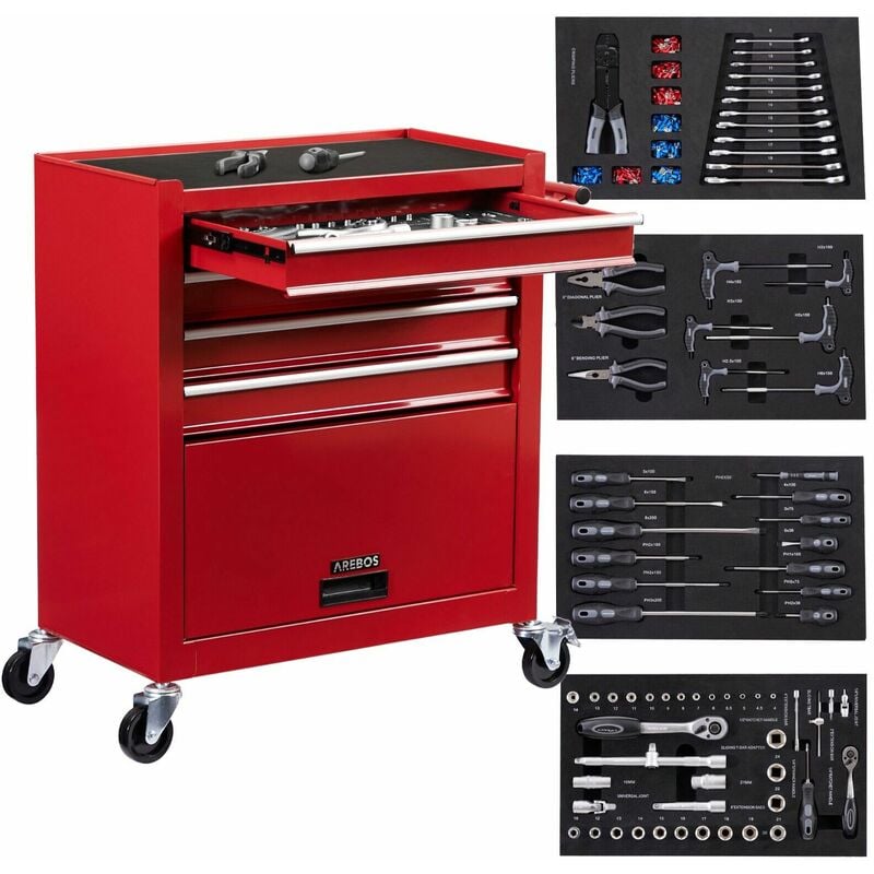 

AREBOS Carro de herramientas Carro de taller con 4 cajones inkl. Tools - rojo