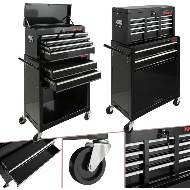 

AREBOS Carro Para el Taller Caja de Toolbox x 9 Compartimentos Negro - negro