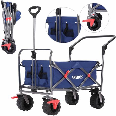 AREBOS carro plegable con 2 bolsillos de red frenos del tras barra telescópica azul