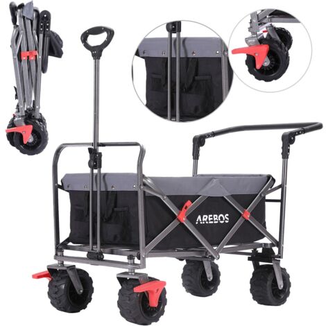 AREBOS carro plegable con 2 bolsillos de red frenos del tras barra telescópica negro