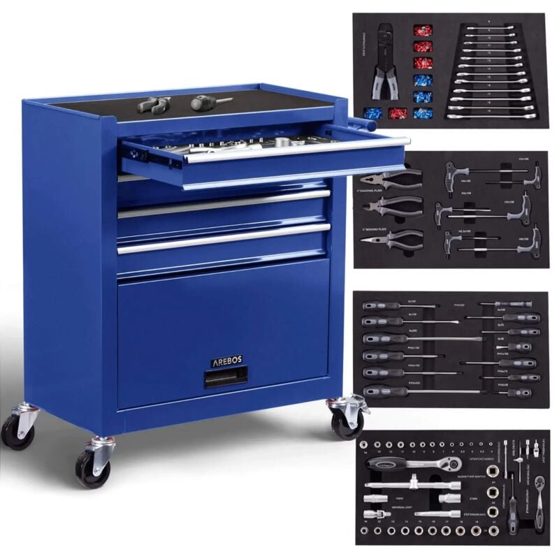 Arebos - Servante d'atelier 4 Compartiments avec 81 pièces d'outils Chariot à Outils équipé Frein de stationnement Bleu