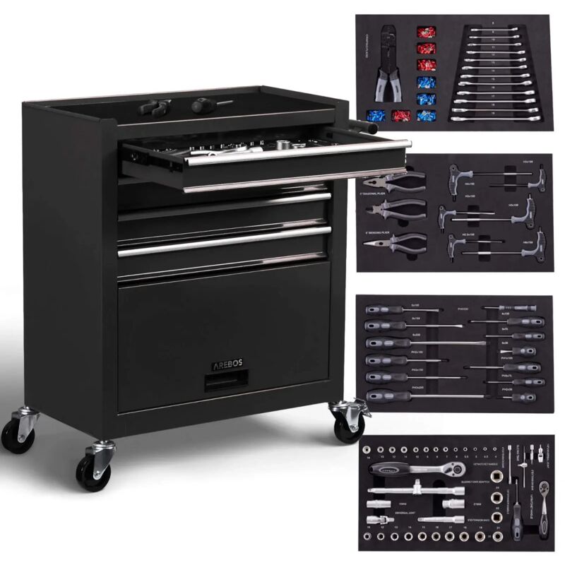 Arebos - Chariot d'atelier avec 4 Compartiments 4 tiroirs à roulement à Billes avec 81 pièces d'outils équipé de Tapis antidérapants 2 roulettes avec
