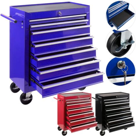 Arebos – Chariot à outils 7 tiroirs bleu – Servante roulante en acier – Dimensions 70 x 33 x 78 cm – Verrouillage central et roues avec freins