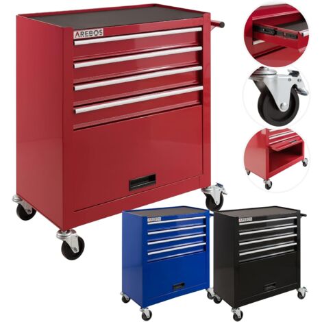 AREBOS Chariot d'Atelier Chariot à Outils 4 Tiroirs + Grand Compartiment 4 roulettes Construction Robuste Tapis antidérapants Rouge - Rouge