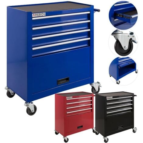 AREBOS Chariot d'Atelier Chariot à Outils  4 Tiroirs + Grand Compartiment Bleu  4 roulettes  Tapis antidérapants