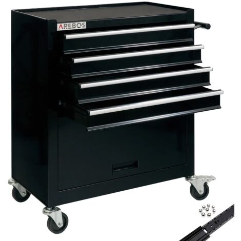 Arebos – Chariot à outils servante roulante 4 tiroirs – Dimensions 62x33x76cm – Acier robuste avec glissières à roulement à billes – Charge maximale 100kg