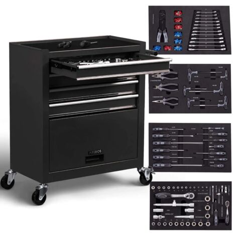 Arebos – Chariot d'atelier roulant 4 tiroirs à roulement à billes – 81 outils inclus – Acier noir résistant aux rayures – 61,6 x 33 x 76 cm