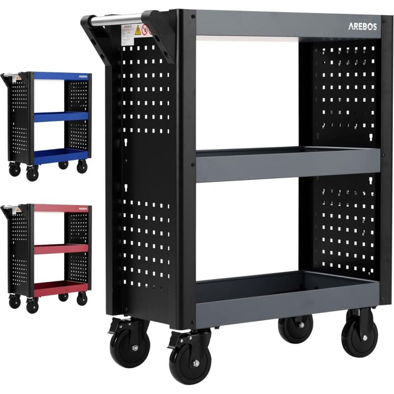 Arebos - Chariot de Service 3 Compartiments Chariot d'atelier Chariot à Outils Chariot pour Le Transport et Le Stockage Chariot à Plateaux