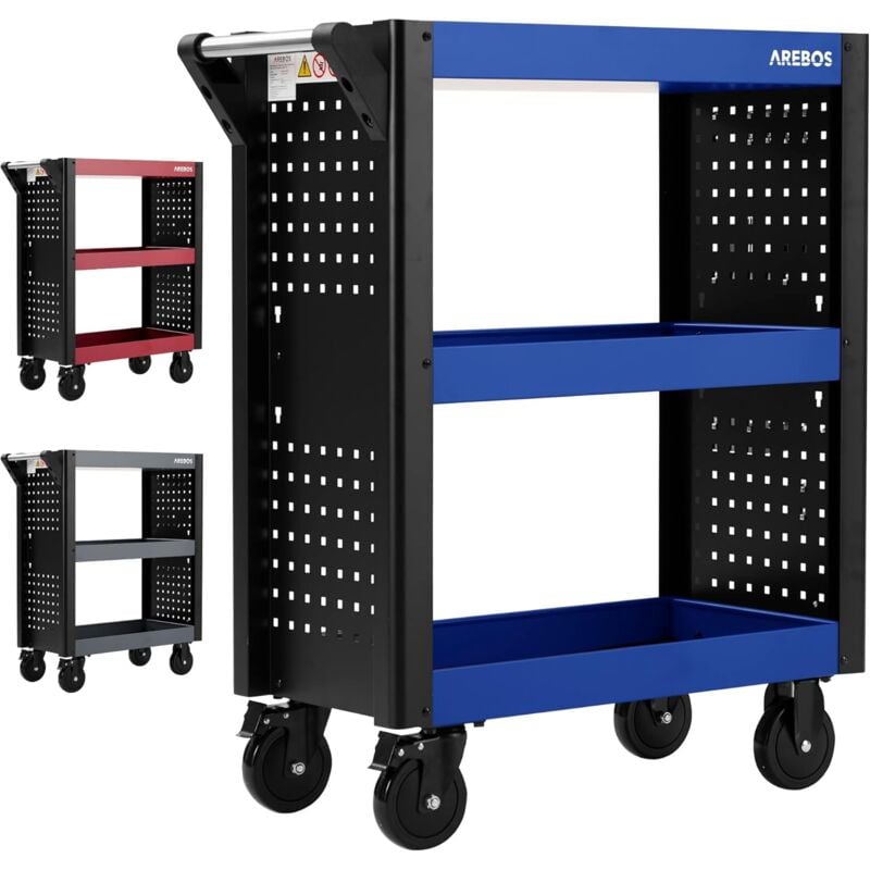 Arebos - Chariot de Service 3 Compartiments Chariot d'atelier Chariot à OutilsChariot pour Le Transport et Le StockageBleu /Noir
