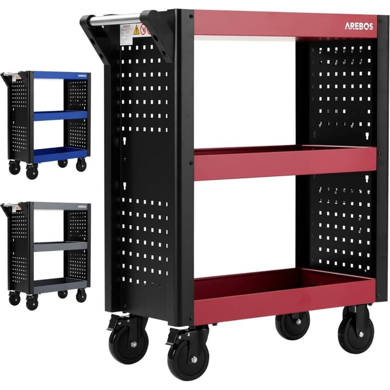 Chariot de Service 3 Compartiments Chariot d'atelier Chariot à Outils Chariot pour Le Transport et Le Stockage Rouge - Arebos