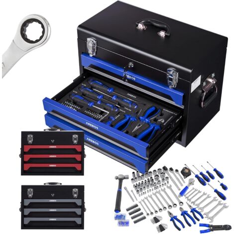 Arebos – Coffret multi-outils 172 pièces en acier chrome-vanadium – 3 tiroirs avec roulements à billes – Dimensions 50x27x35,3cm – Poids 19kg