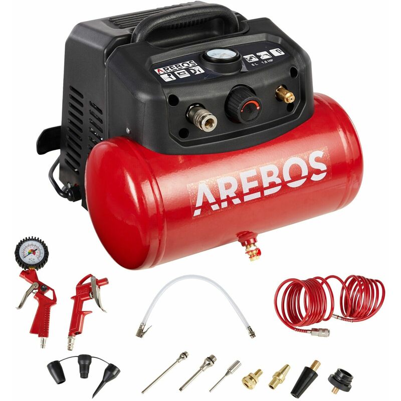 

Compresor De Aire Comprimido 6L 1200W 13 Piezas + Manguera Espiral - Rojo - Arebos