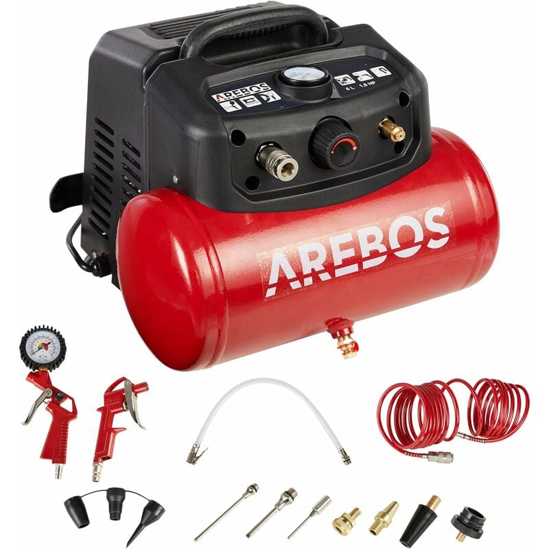 Compresseur d'air avec kit d'accessoires 13 pièces Compresseur régulateur mobil Sans huile Arrêt automatique Capacité 6 l - Rouge - Arebos