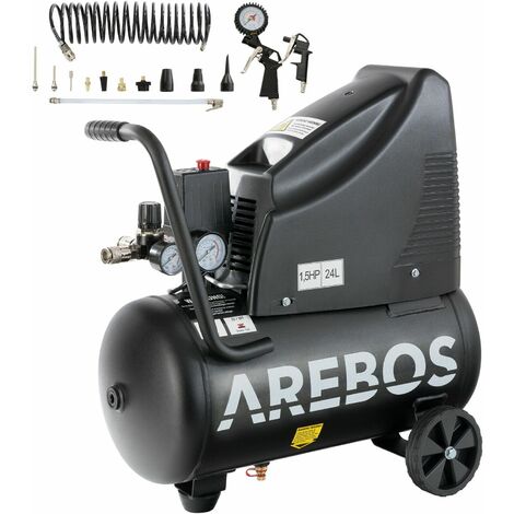 AREBOS Compresseur d'Air avec Cuve sous Pression 1100W 24L sans Huile Coupleur Euro - noir