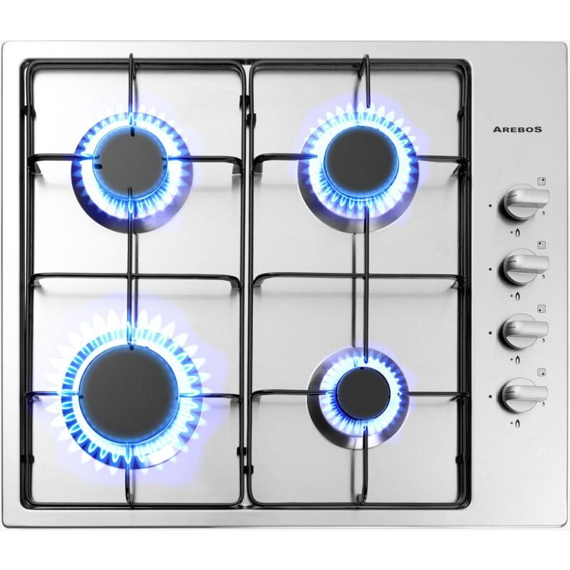 Table de cuisson à gaz 4 feux Acier inoxydable Support de casseroles & sécurité d'allumage inclus Autonome Convient pour le gaz naturel ou le gaz